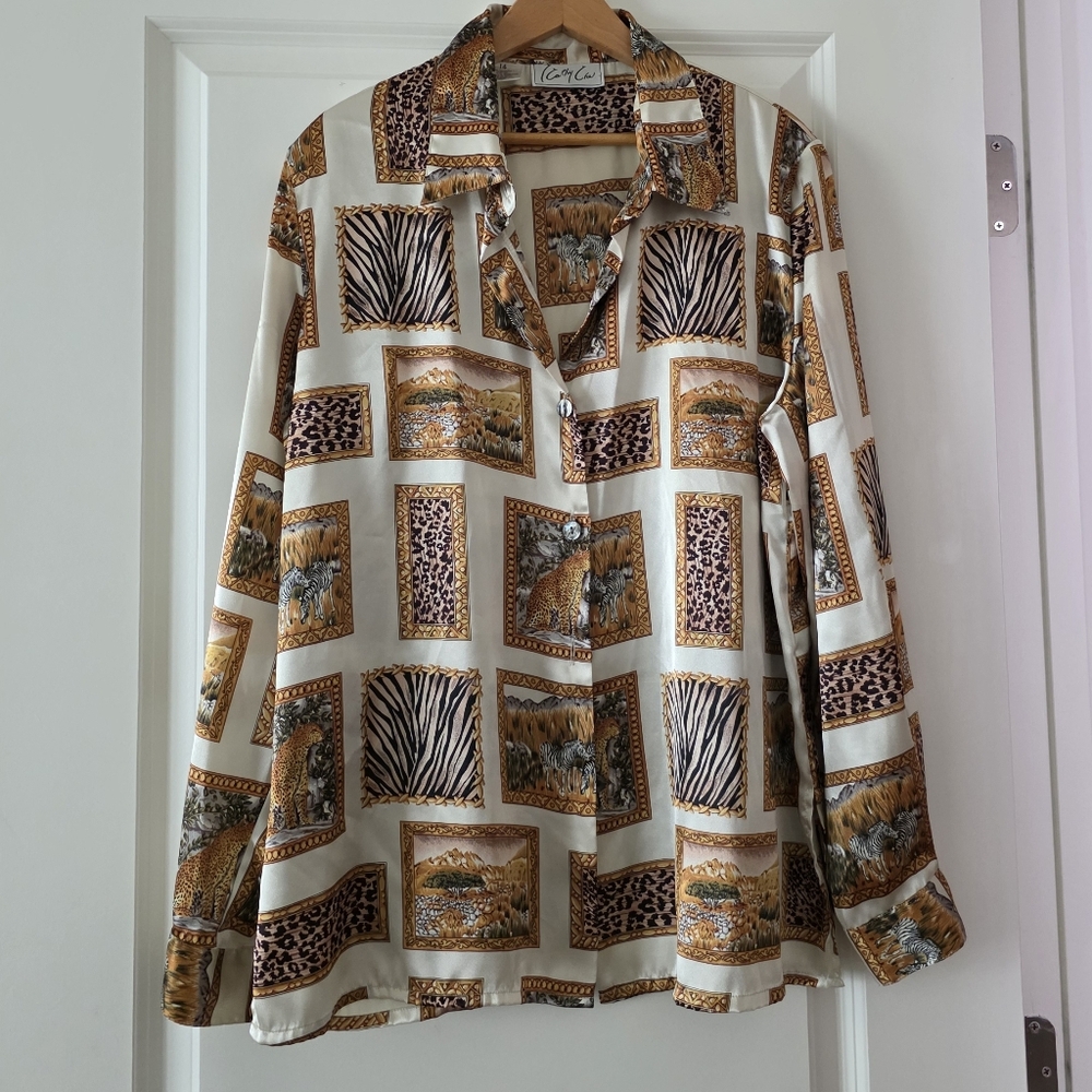 Vintage Kathy Che Safari Animal Print Satin Button Up Blouse Womens 14 Boho Chic